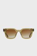 Front view of Chimi green sunglasses with rectangular square frames and brown gradient lenses, offering UVA and UVB protection.
