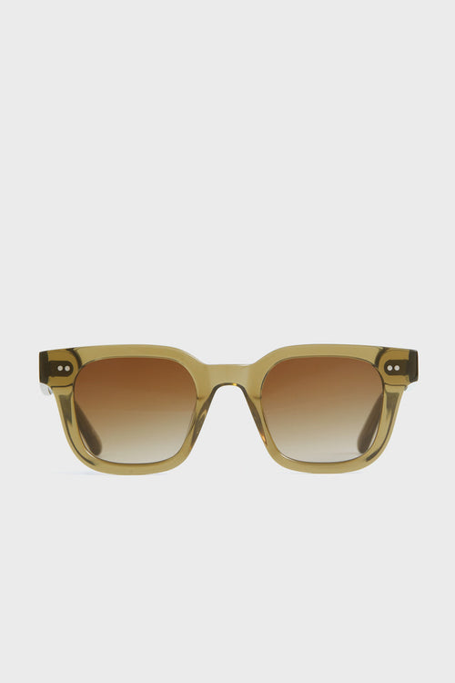 Front view of Chimi green sunglasses with rectangular square frames and brown gradient lenses, offering UVA and UVB protection.