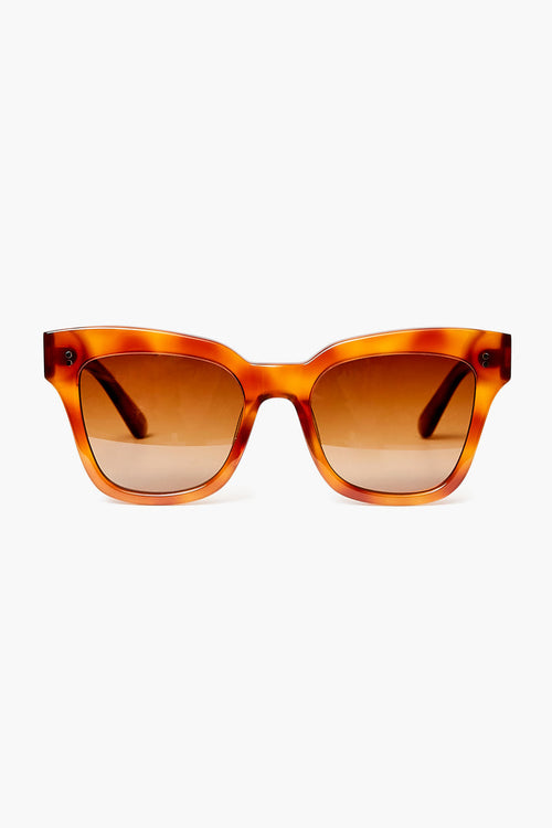 Front view of Chimi rectangular tortoiseshell sunglasses featuring brown-tinted lenses and an acetate frame, designed for essential UV protection.