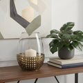 10" Gold And Clear Woven Metal And Glass Tabletop Hurricane Candle Holder