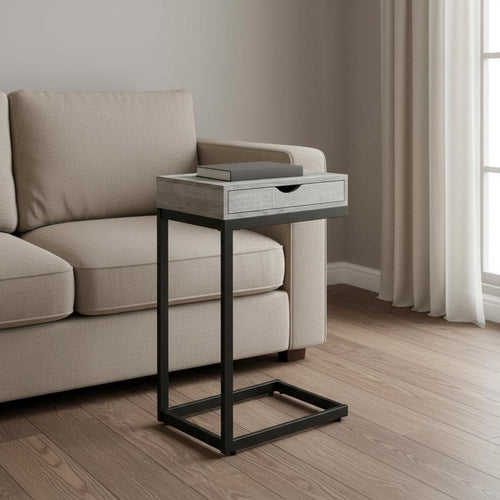10.25" X 15.75" X 24.5" Grey Finish Drawer And Black Metal Accent Table