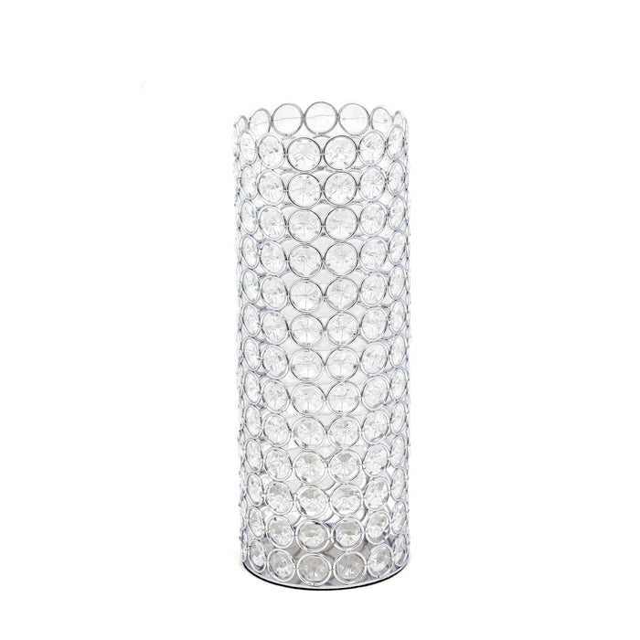 11" Clear And Silver Crystal And Metal Cylinder Table Vase With Faux Crystals