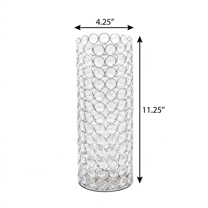 11" Clear And Silver Crystal And Metal Cylinder Table Vase With Faux Crystals