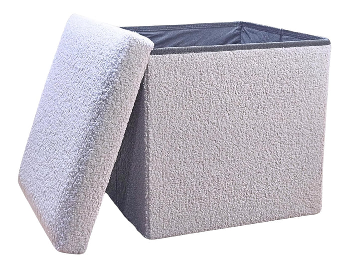 12" Gray Boucle Cube Ottoman With Storage