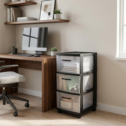 13" Black And Clear Heavy Duty Plastic Three Drawer Rolling Storage Cabinet
