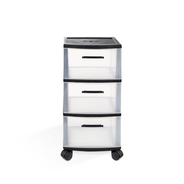 13" Black And Clear Heavy Duty Plastic Three Drawer Rolling Storage Cabinet