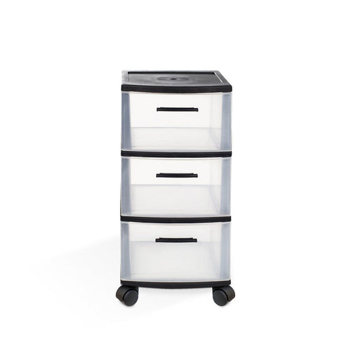 13" Black And Clear Heavy Duty Plastic Three Drawer Rolling Storage Cabinet
