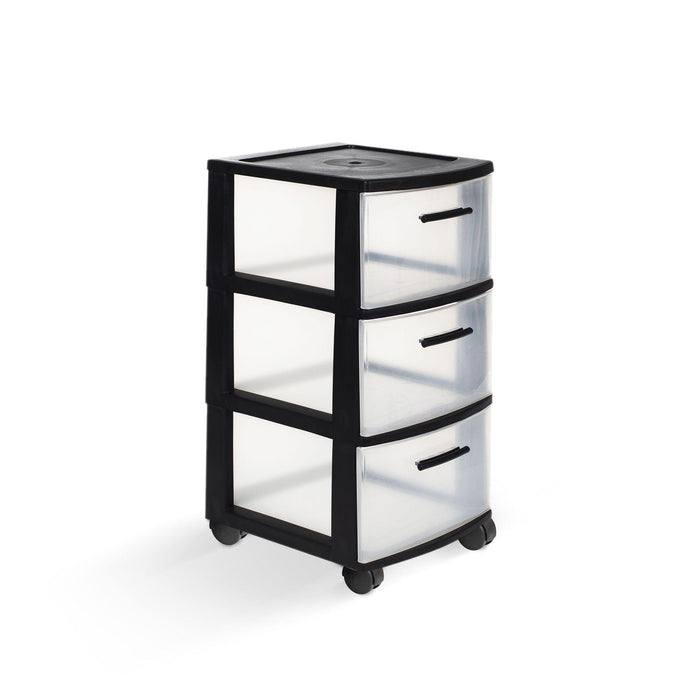 13" Black And Clear Heavy Duty Plastic Three Drawer Rolling Storage Cabinet