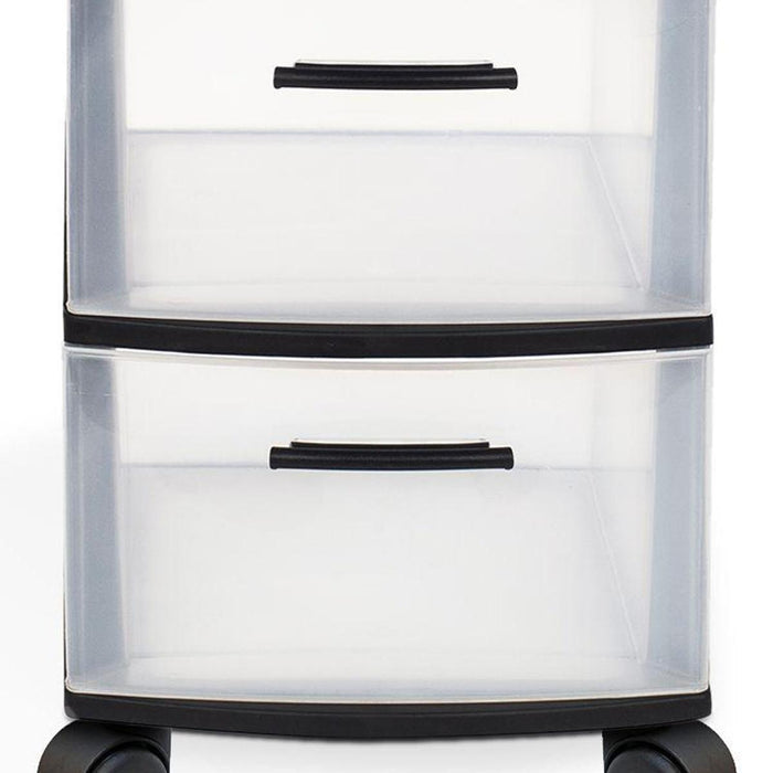 13" Black And Clear Heavy Duty Plastic Three Drawer Rolling Storage Cabinet