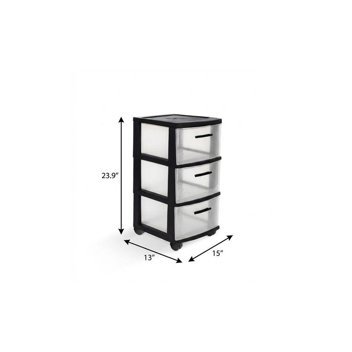 13" Black And Clear Heavy Duty Plastic Three Drawer Rolling Storage Cabinet