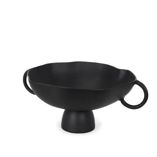 16" Black Metal Wavy Edge Round Pedestal Centerpiece Bowl With Handles