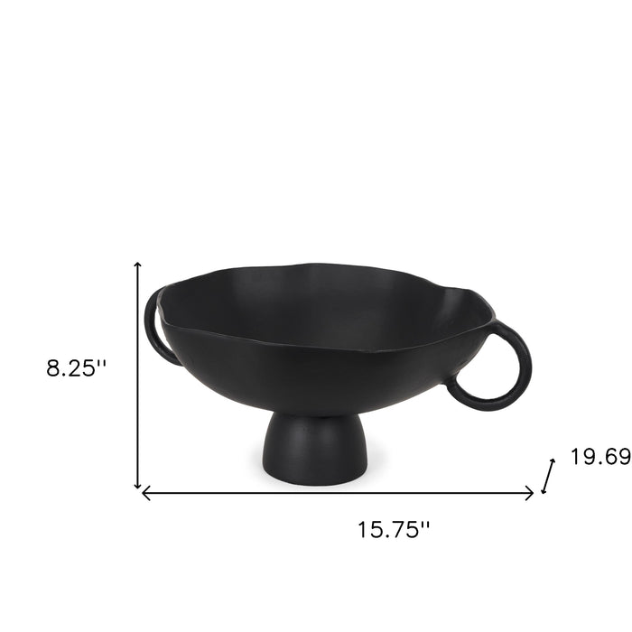 16" Black Metal Wavy Edge Round Pedestal Centerpiece Bowl With Handles