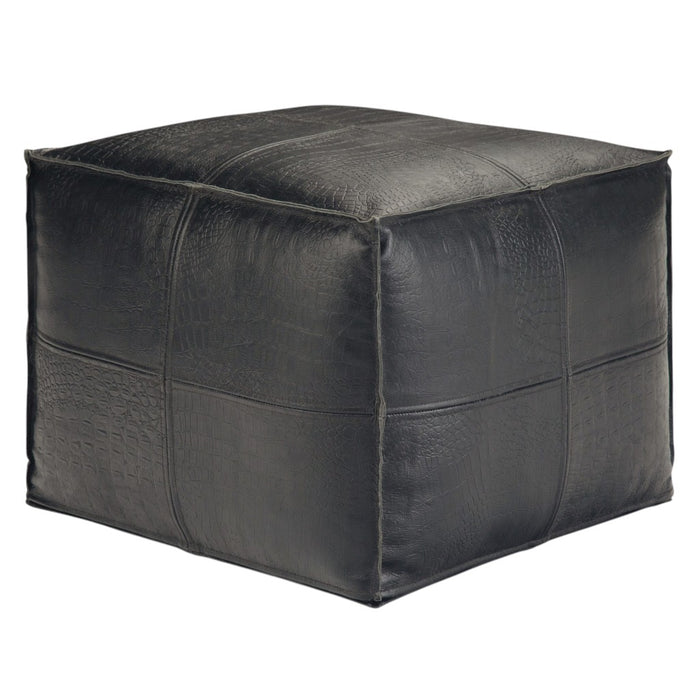 18" Black Genuine Leather Pouf Ottoman