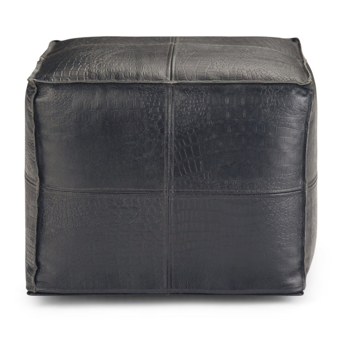 18" Black Genuine Leather Pouf Ottoman