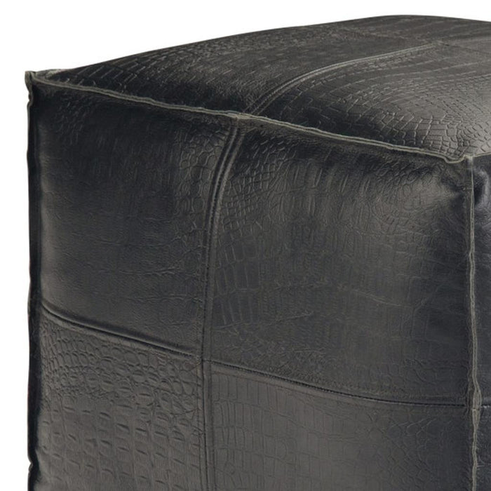18" Black Genuine Leather Pouf Ottoman