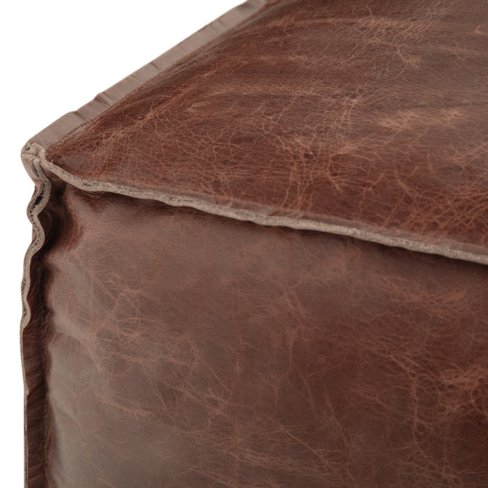 18" Brown Genuine Leather Pouf Ottoman