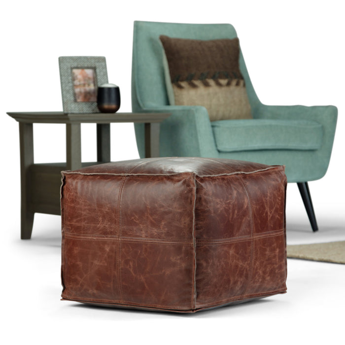 18" Brown Genuine Leather Pouf Ottoman