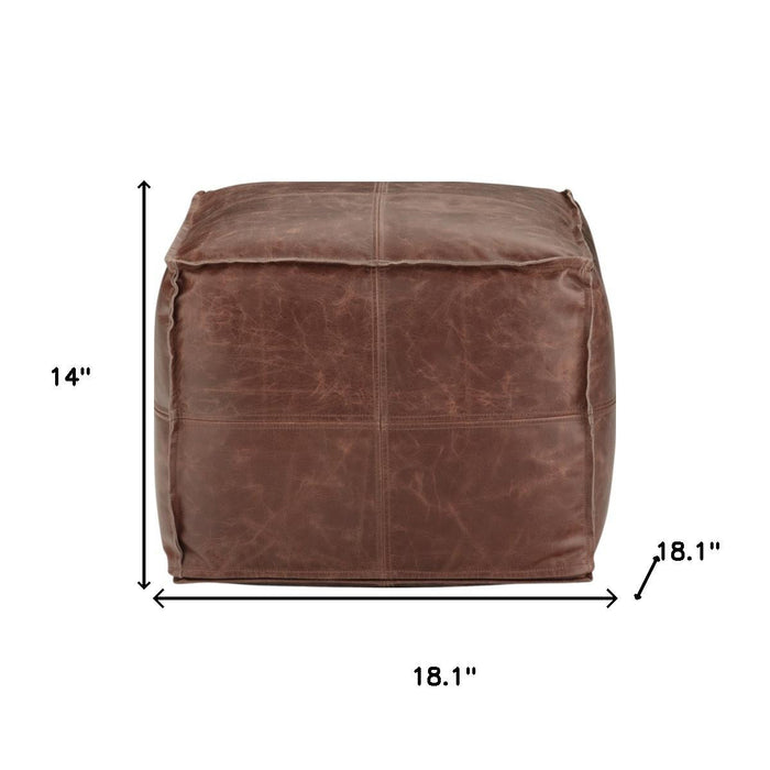 18" Brown Genuine Leather Pouf Ottoman