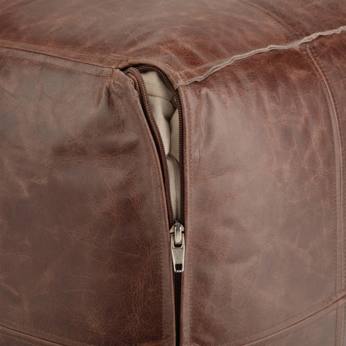 18" Brown Genuine Leather Pouf Ottoman