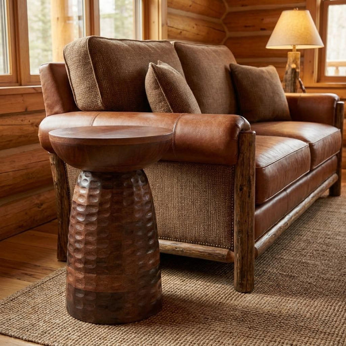 18" Dark Brown Distressed Solid Wood Round Drum End Table