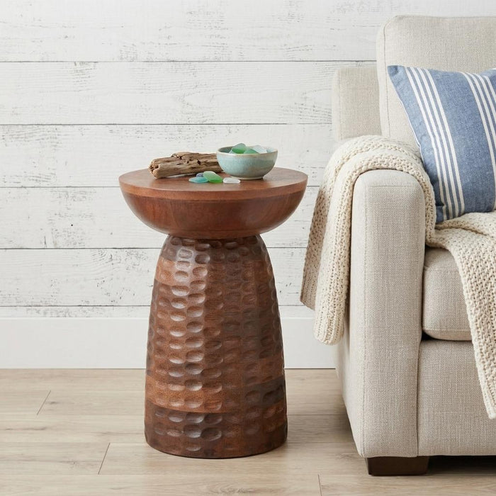 18" Dark Brown Distressed Solid Wood Round Drum End Table