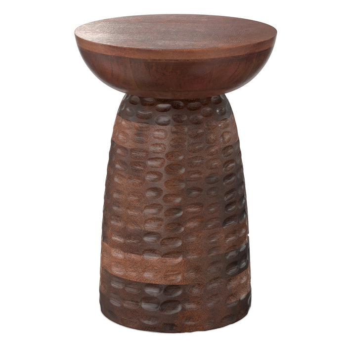 18" Dark Brown Distressed Solid Wood Round Drum End Table
