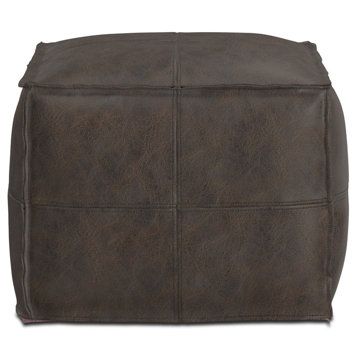 18" Dark Brown Genuine Leather Pouf Ottoman