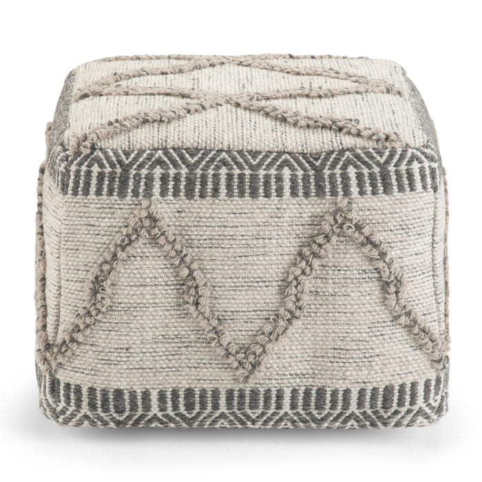 18" Gray and Tan Cotton and Wool Geometric Pouf Ottoman