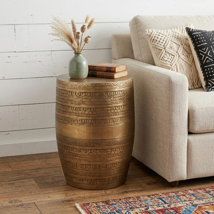20" Textured Antiqued Gold Distressed Iron Round Drum End Table