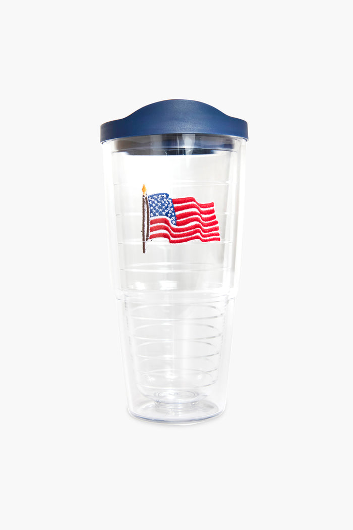 Tervis Tumbler x Tuckernuck clear tumbler with a blue lid features an embroidered American flag, BPA-free materials, and a double-wall design.