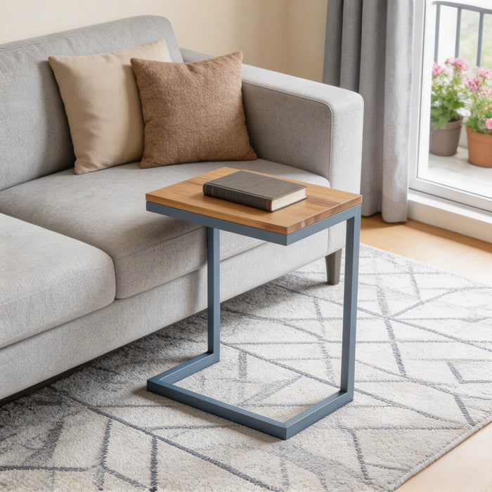 26" Natural and Blue Wood and Iron End Table
