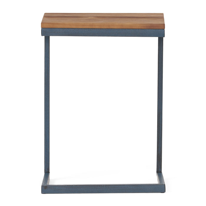 26" Natural and Blue Wood and Iron End Table