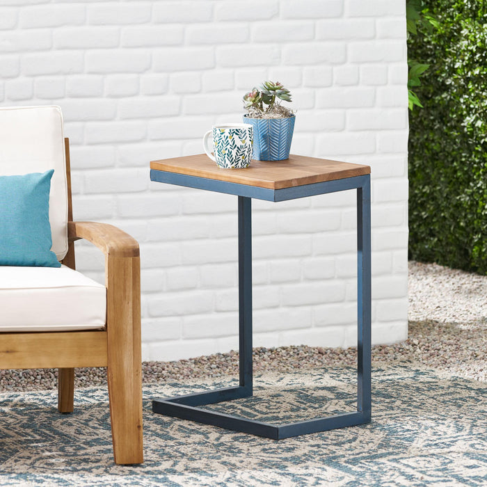 26" Natural and Blue Wood and Iron End Table