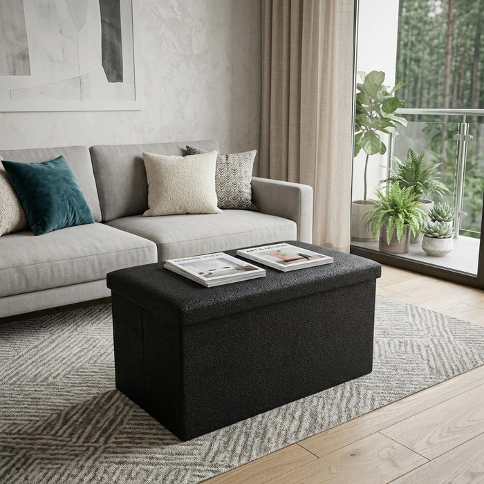 30" Black Boucle Ottoman With Storage