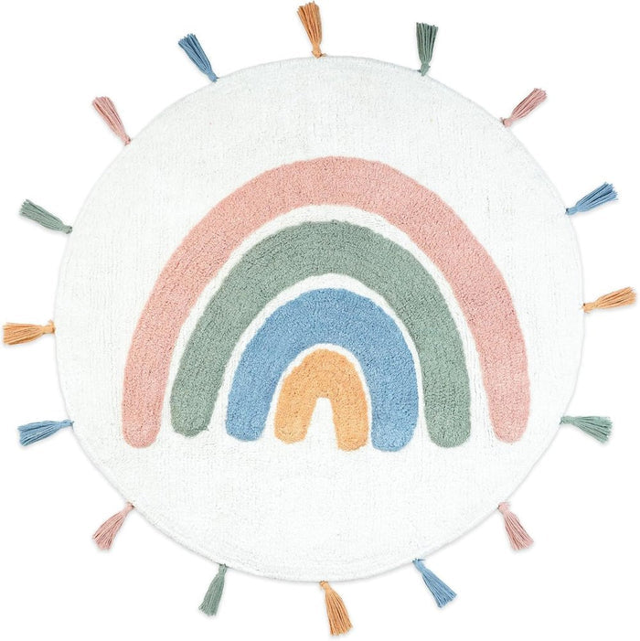 32" White Blue And Pink Cotton Rainbows Round Youthful Bath Rug