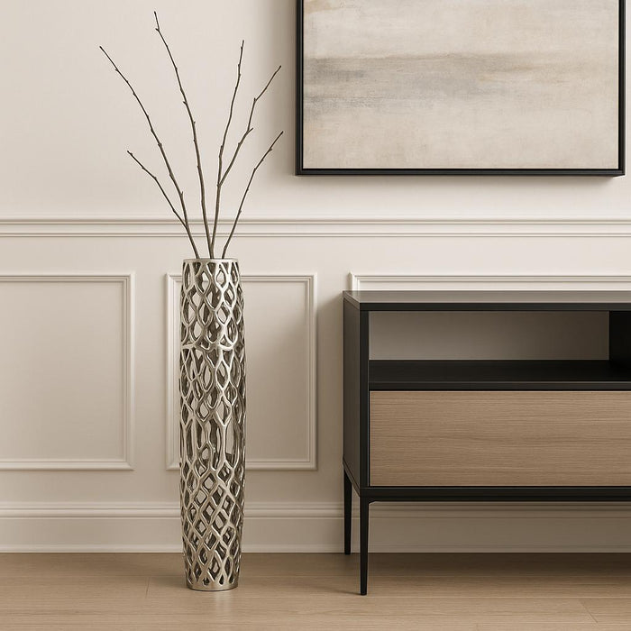 47" Aluminum Silver Twigs Cylinder Floor Vase