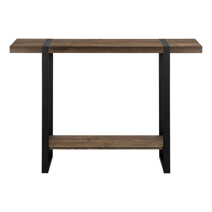 47" Brown and Black Wood and Metal Distressed Sled Console Table With Shelf