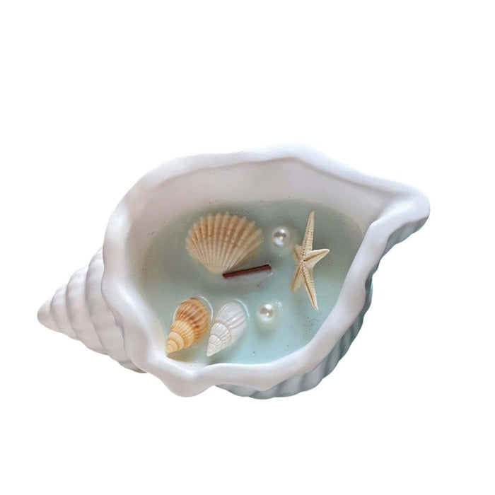 6" Light Blue Unscented Soy Wax Candle In White Resin Novelty Holder With Seashells