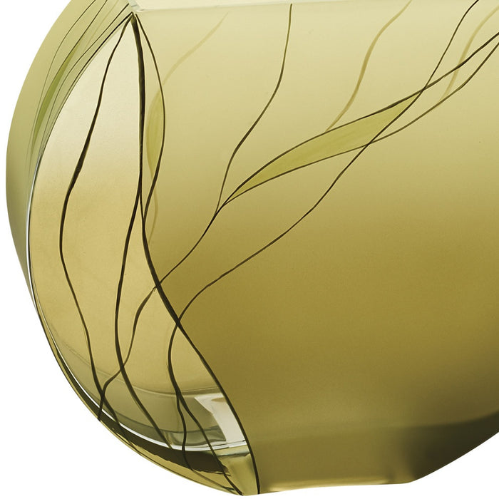 9" Green Round Crystal Glass Table Vase With Sculptural Details