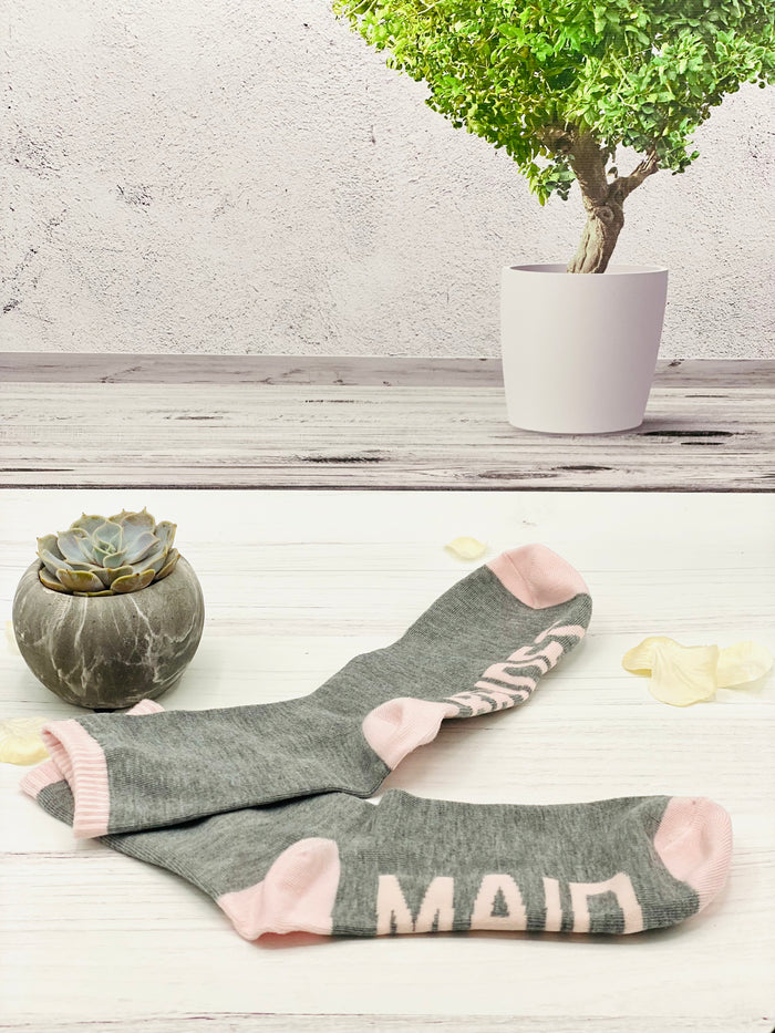 Our Hen Party Fun Socks are an added addition to any hen party. These bride squad cotton socks are a ladies one size (4-8) with a luxurious feel and extremely soft to the touch. Available in the colours shown only. So, why settle for plain socks when you can elevate your wedding party look with our Bridesmaid and Bride…