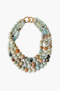 Kenneth Jay Lane three-strand Amazonite beaded necklace featuring multicolored, oval-shaped stones and a gold-plated clasp—a stunning piece of costume jewelry.