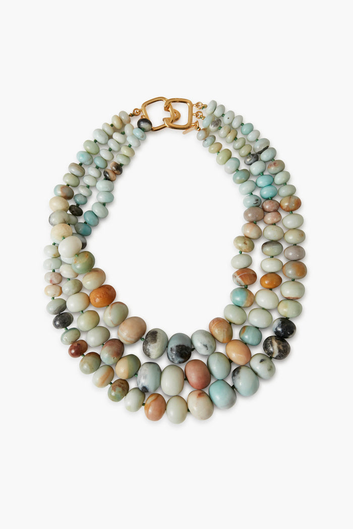 Kenneth Jay Lane three-strand Amazonite beaded necklace featuring multicolored, oval-shaped stones and a gold-plated clasp—a stunning piece of costume jewelry.