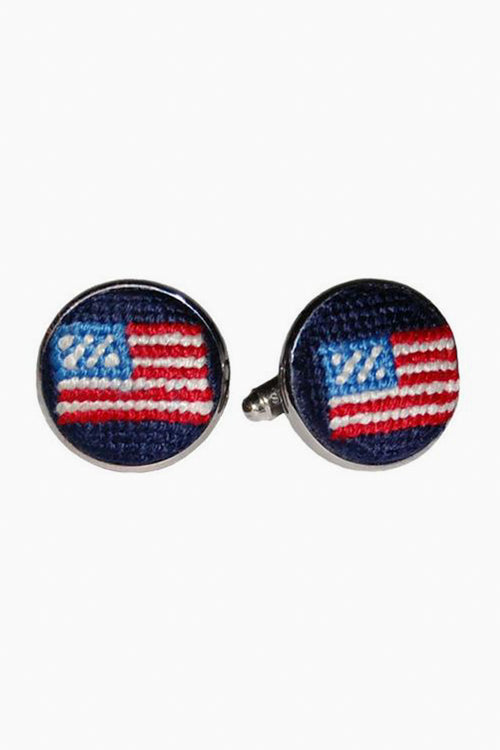 Smathers and Branson round, hand-stitched needlepoint cufflinks in sterling silver, featuring the American flag with white stripes and stars.