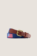 American Flag Needlepoint Belt: Classic navy-blue webbing with embroidered flag, finished in brown leather, brass buckle, exudes effortless style and high-end craftsmanship.