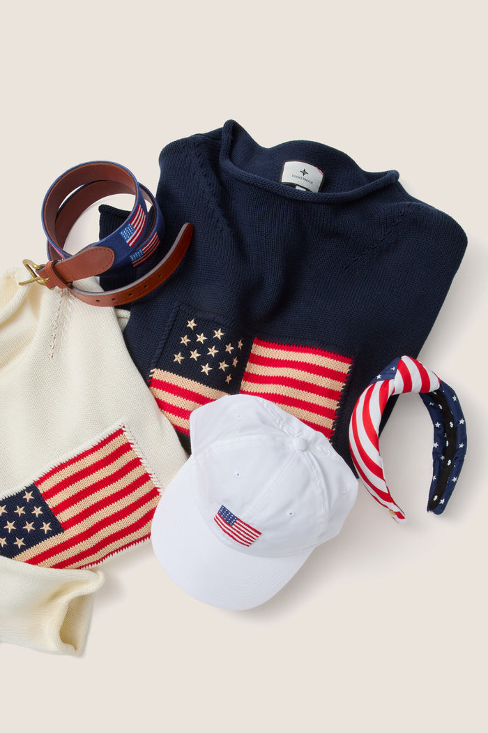 American Flag Needlepoint Belt by Smathers & Branson, surrounded by classic, effortless patriotic apparel and accessories, showcasing high-end craftsmanship with a fun, stylish U.S. flag motif.