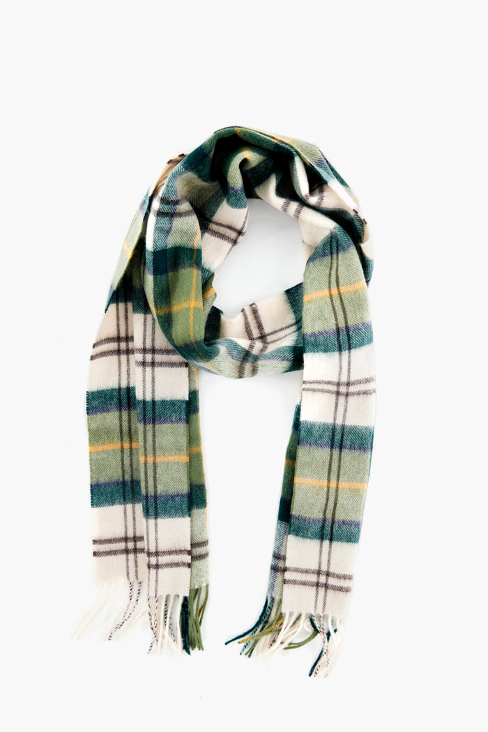 A Barbour plaid tartan wool scarf with green, yellow, and black stripes, featuring fringed ends.