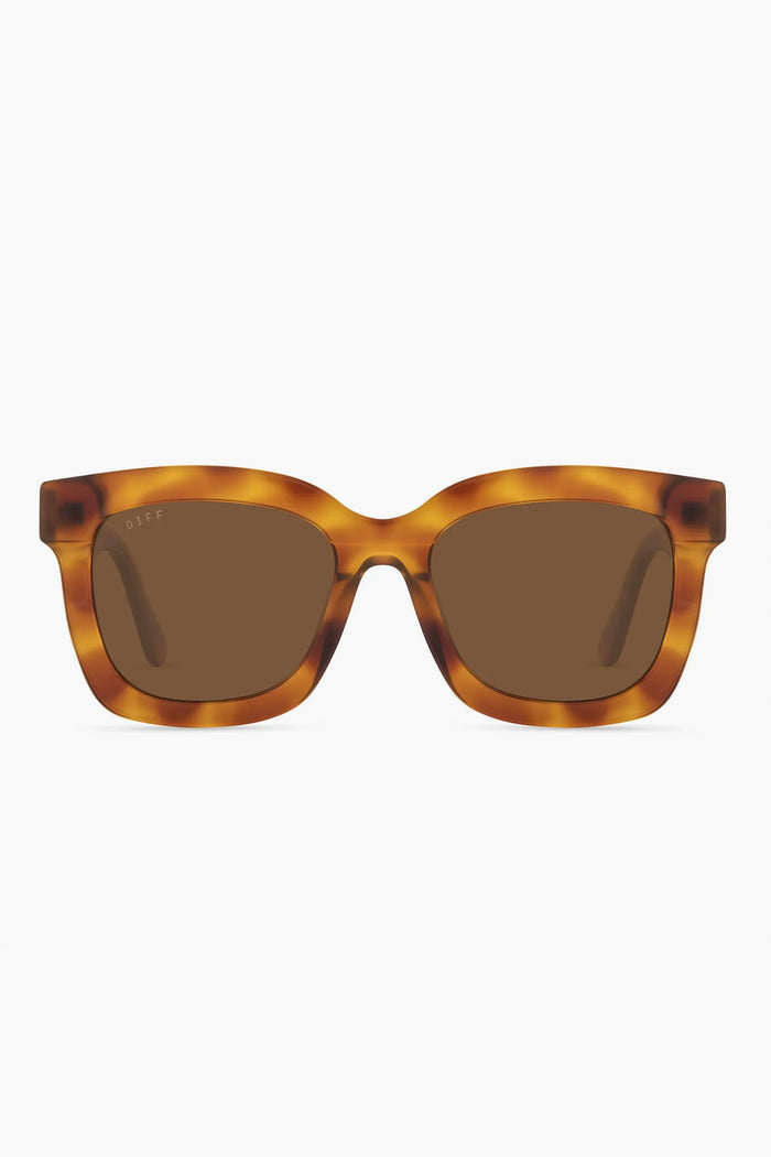 A pair of DIFF Eyewear sunglasses in tortoise brown featuring rectangular frames and brown lenses.