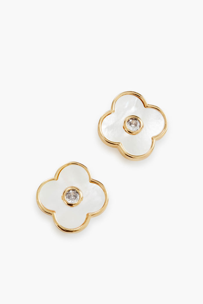 ASHA presents gold-trimmed, white four-petal clover studs with a central clear gemstone—ideal for fans of chic mother of pearl earrings and elegant gold jewelry.