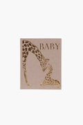 A beige canvas by LouLou Baker features gold safari watercolor illustrations of an adult giraffe nuzzling a baby beneath "BABY," designed in a luxury baby book style.