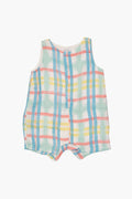 Angel Dear’s soft baby romper in pastel plaid features blue, pink, yellow, and green hues. Made from organic cotton muslin, it offers front snap buttons and short legs for easy changing.